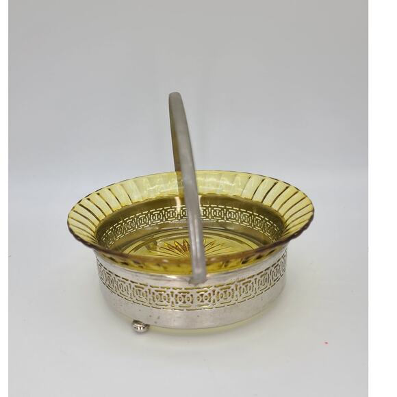 Vtg c1900s Heisey Glass Amber Bride Basket Royal Rochester Silver Repousse Stand - Picture 6 of 10